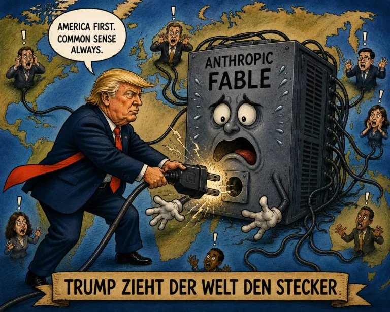 trump schaltet anthropics bestes modell (fable) ab! politische karikatur: us-präsident trump zieht den stromstecker aus einem server mit der aufschrift „anthropic fable“; ringsum auf einer weltkarte entsetzte menschen. sprechblase „america first. common sense always.“, banner „trump zieht der welt den stecker.“
